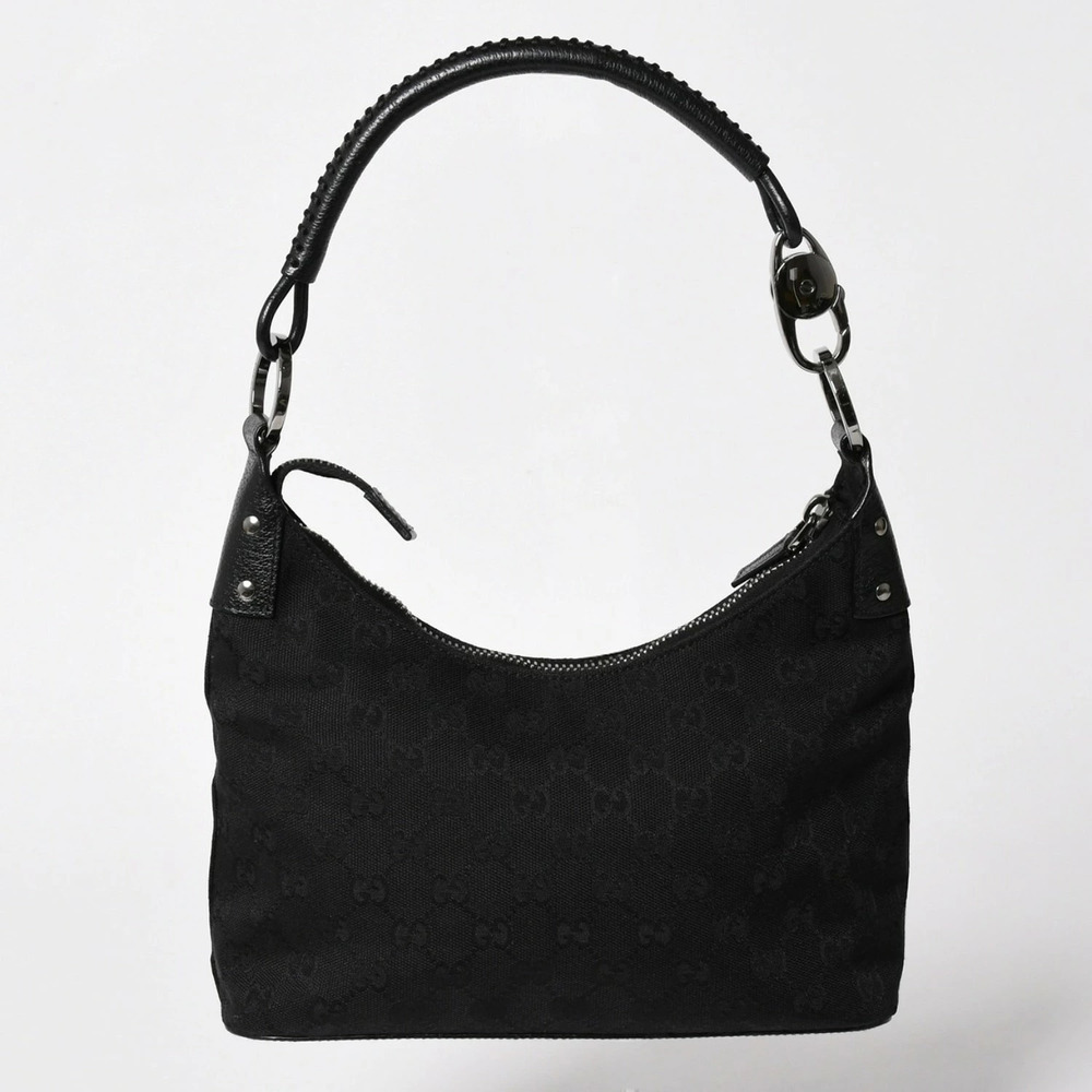 Gucci black GG monogram canvas hobo shoulder bag whipstitch leather black